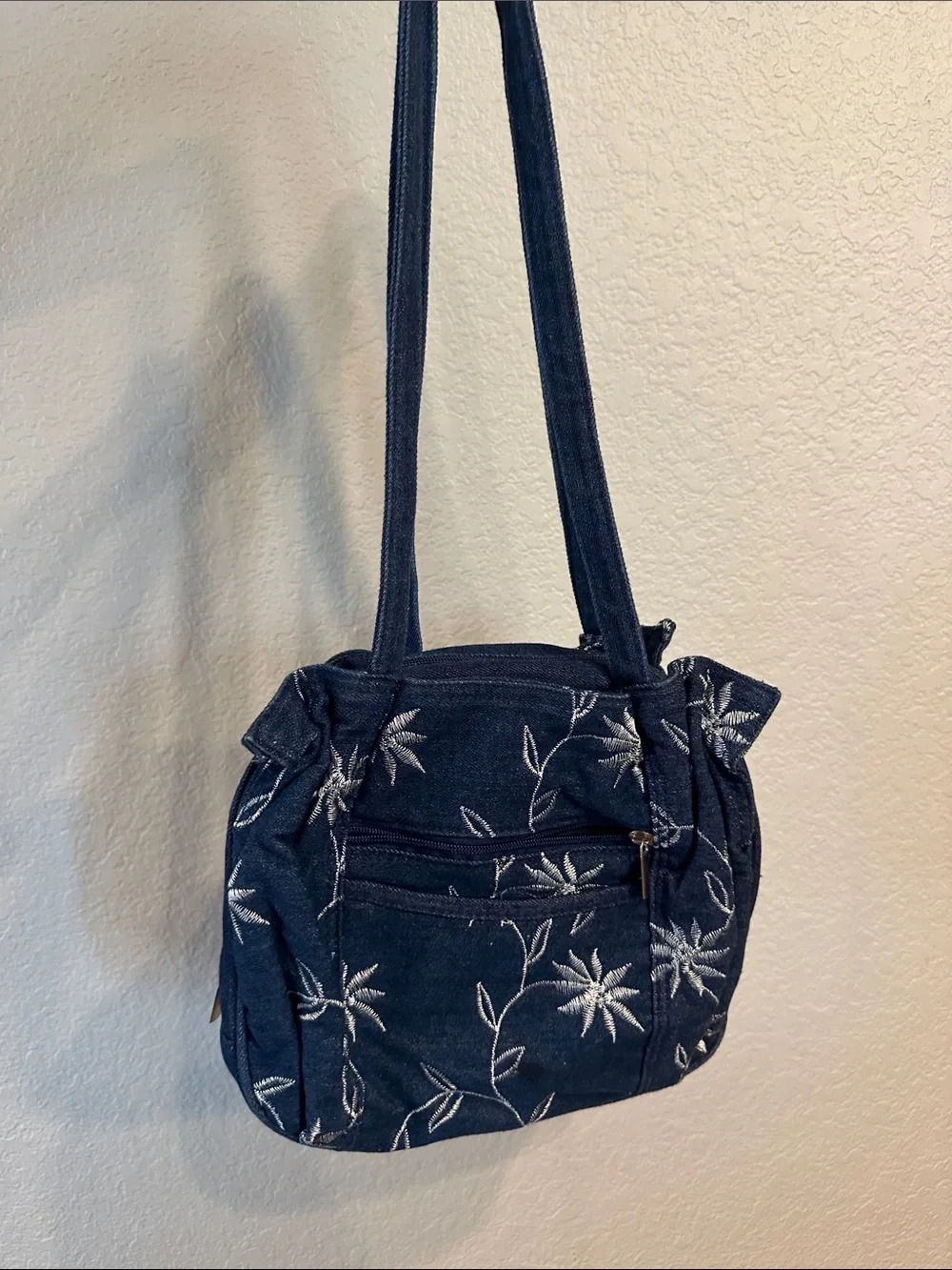 Denim Floral Embroidered Shoulder Bag - Navy